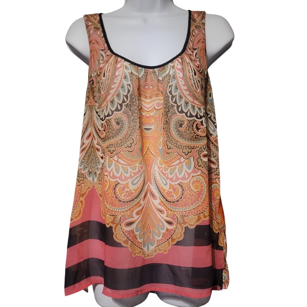 a.n.a A New Approach Women‎ Paisley Sleeveless Chiffon Top Orange Pink Large